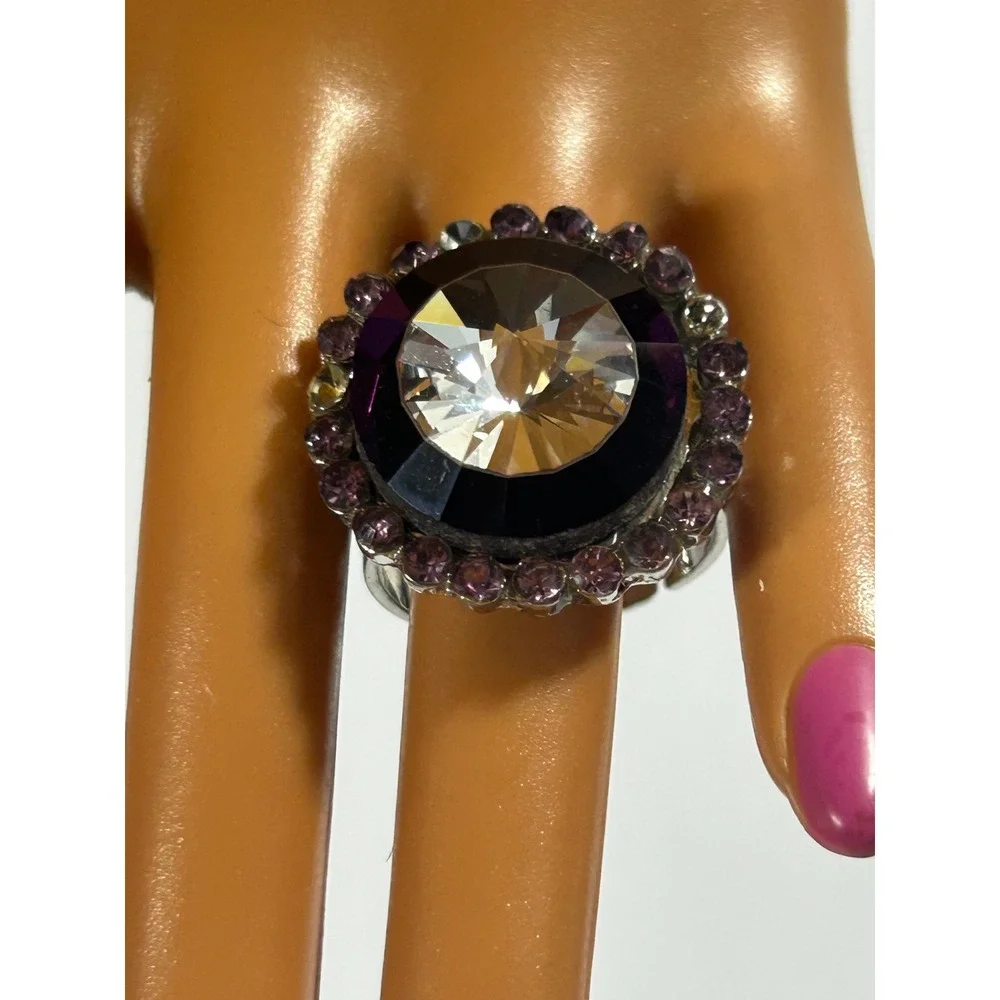 Vintage Y2K Glam Purple Rhinestone Cocktail Ring Adjustable Silver Tone Goth‎
